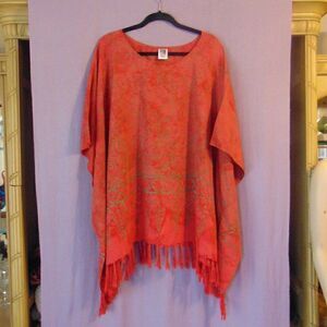 NWOT RAMA Tie-Dye Red & Olive Indonesia Tropical Beach Cover Shirt w/Fringe